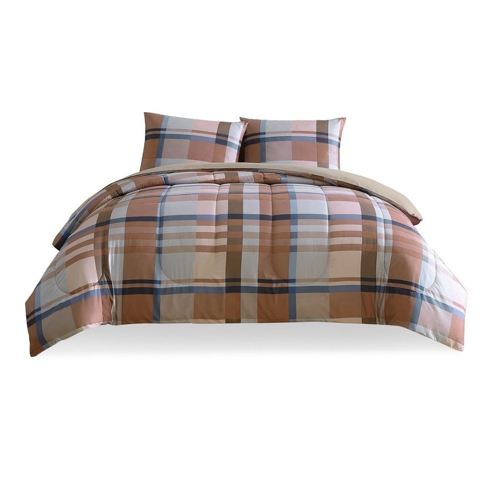 Plaid Pattern Comforter Set - Rust and Cream King Size - Picture 3 of 7